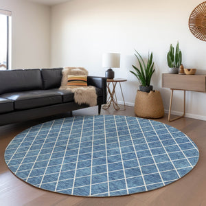 HomeRoots 8' Denim Blue Geometric Round Rug – Washable, UV Protected, Stain Resistant for Modern Spaces 674074