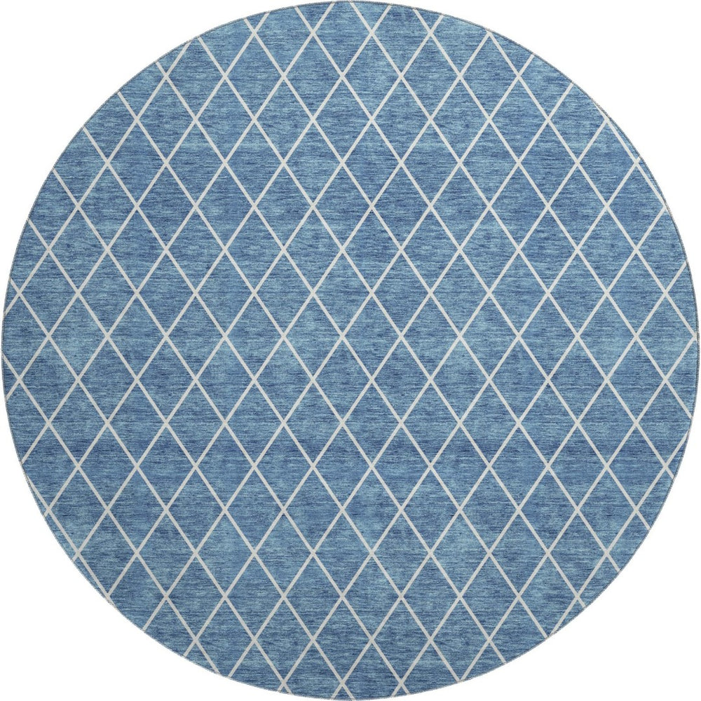 HomeRoots 8' Denim Blue Geometric Round Rug – Washable, UV Protected, Stain Resistant for Modern Spaces 674074