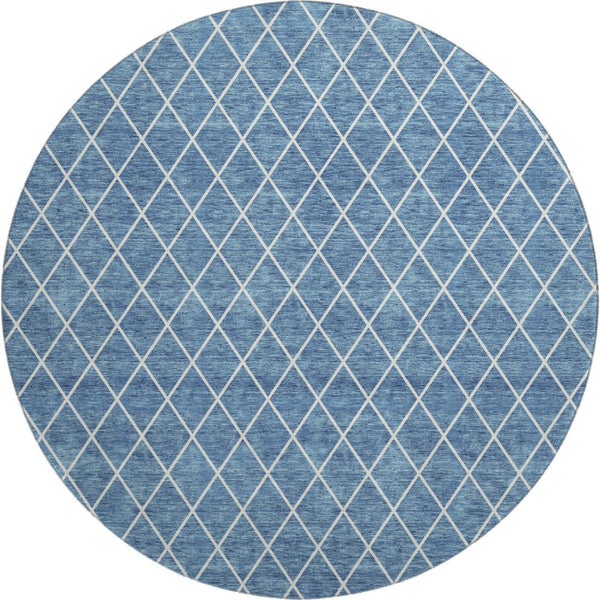 HomeRoots 8' Denim Blue Geometric Round Rug – Washable, UV Protected, Stain Resistant for Modern Spaces 674074