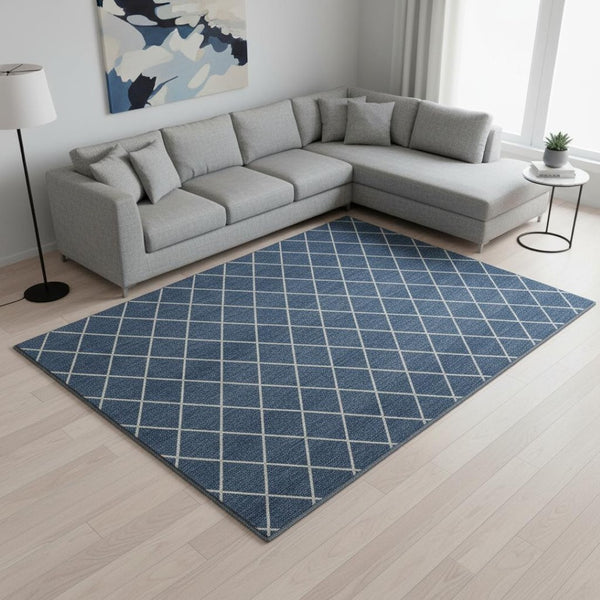 HomeRoots 8' X 10' Denim Blue & Ivory Geometric Area Rug – Durable, Washable, UV-Protected for Modern Homes 674075