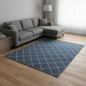 HomeRoots 9' X 12' Geometric Denim Blue & Ivory Area Rug – Washable, UV-Protected, Durable for Homes with Kids & Pets 674076