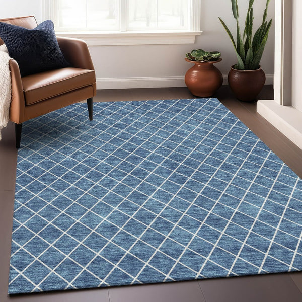 HomeRoots 9' X 12' Geometric Denim Blue & Ivory Area Rug – Washable, UV-Protected, Durable for Homes with Kids & Pets 674076