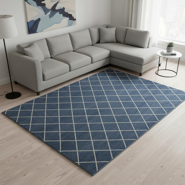 HomeRoots 10' Denim Blue & Ivory Geometric Washable Area Rug - Durable, UV-Protected for Modern Living Spaces 674077