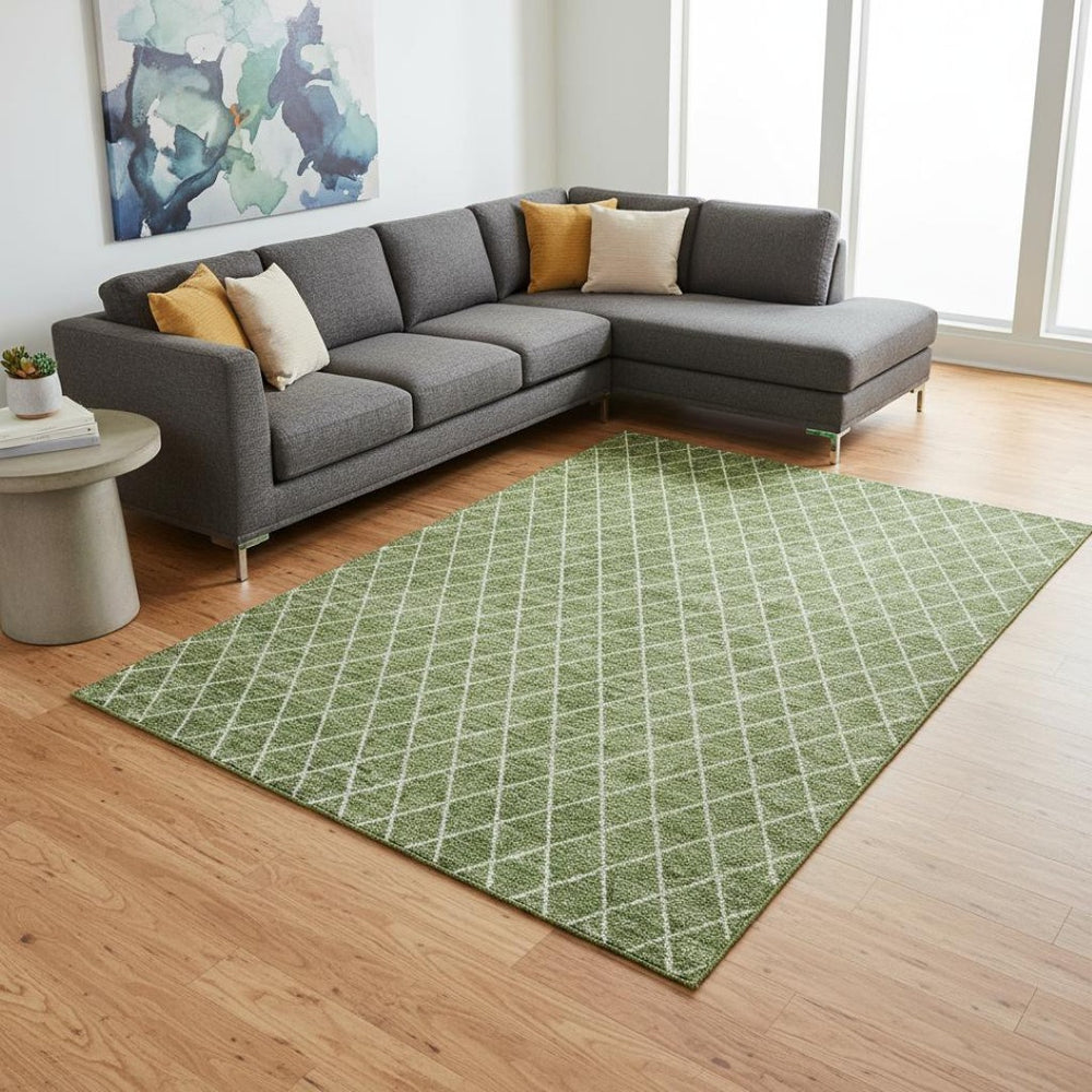 HomeRoots 9' X 12' Green and Ivory Geometric Area Rug - Stylish, Washable, UV-Protected for High-Traffic Spaces 674088