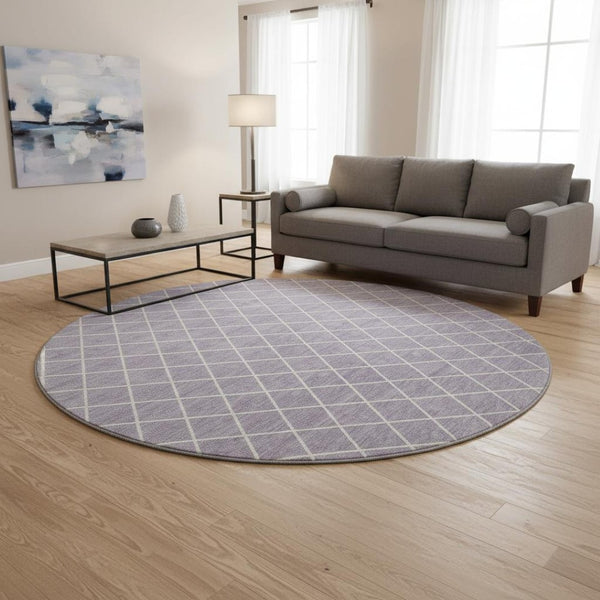 HomeRoots 8' Lavender And Ivory Geometric Washable Round Rug - Stylish, Durable, UV-Protected for Daily Use 674098