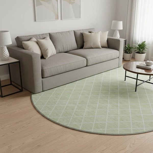 HomeRoots 8' Mint Green and Ivory Geometric Round Rug – Washable, UV-Protected, Durable for Busy Homes 674104