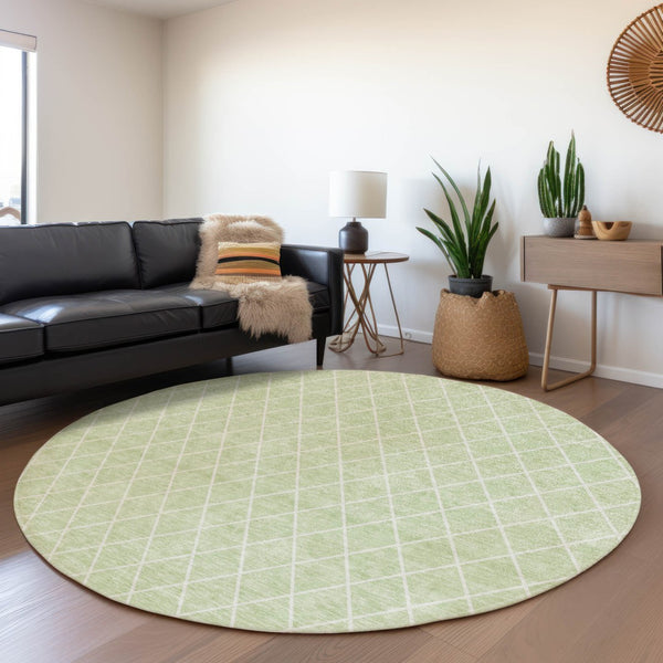 HomeRoots 8' Mint Green and Ivory Geometric Round Rug – Washable, UV-Protected, Durable for Busy Homes 674104