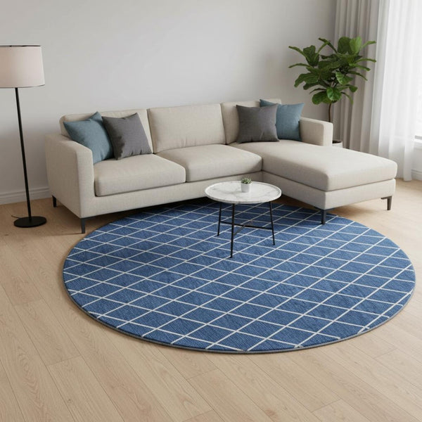 HomeRoots 8' Navy Blue and Ivory Geometric Round Rug - Washable, UV Protected, Stain-Resistant for Homes 674110