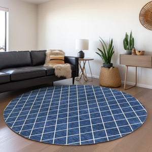 HomeRoots 8' Navy Blue and Ivory Geometric Round Rug - Washable, UV Protected, Stain-Resistant for Homes 674110