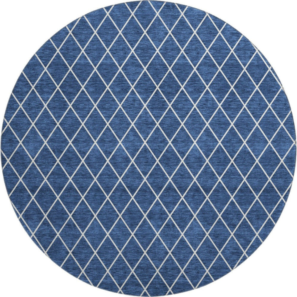 HomeRoots 8' Navy Blue and Ivory Geometric Round Rug - Washable, UV Protected, Stain-Resistant for Homes 674110