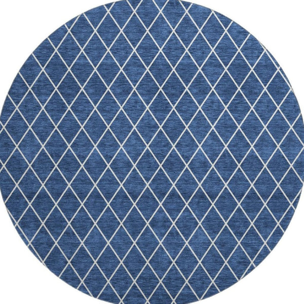 HomeRoots 8' Navy Blue and Ivory Geometric Round Rug - Washable, UV Protected, Stain-Resistant for Homes 674110