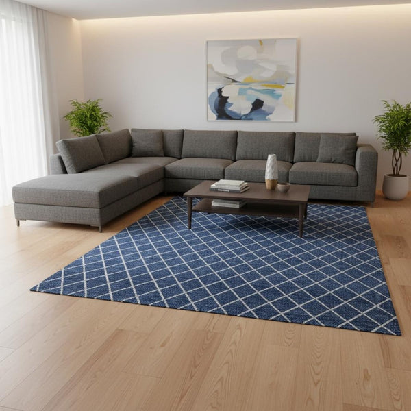 HomeRoots 8' X 10' Navy Blue and Ivory Geometric Area Rug - Washable, UV Protected, Modern & Durable Design 674111