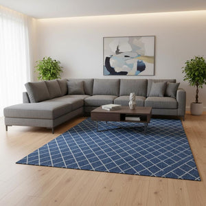 HomeRoots 9' X 12' Navy Blue and Ivory Geometric Area Rug – Stain Resistant, UV Protected, Machine Washable! 674112