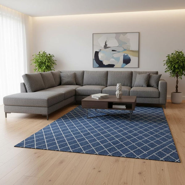 HomeRoots 9' X 12' Navy Blue and Ivory Geometric Area Rug – Stain Resistant, UV Protected, Machine Washable! 674112