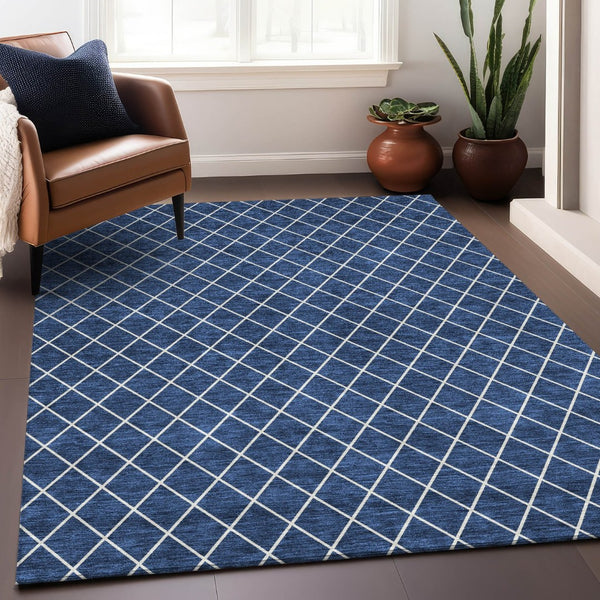 HomeRoots 10' X 14' Navy Blue & Ivory Geometric Washable Area Rug – UV Resistant, Stain-Proof, Perfect for Families 674113