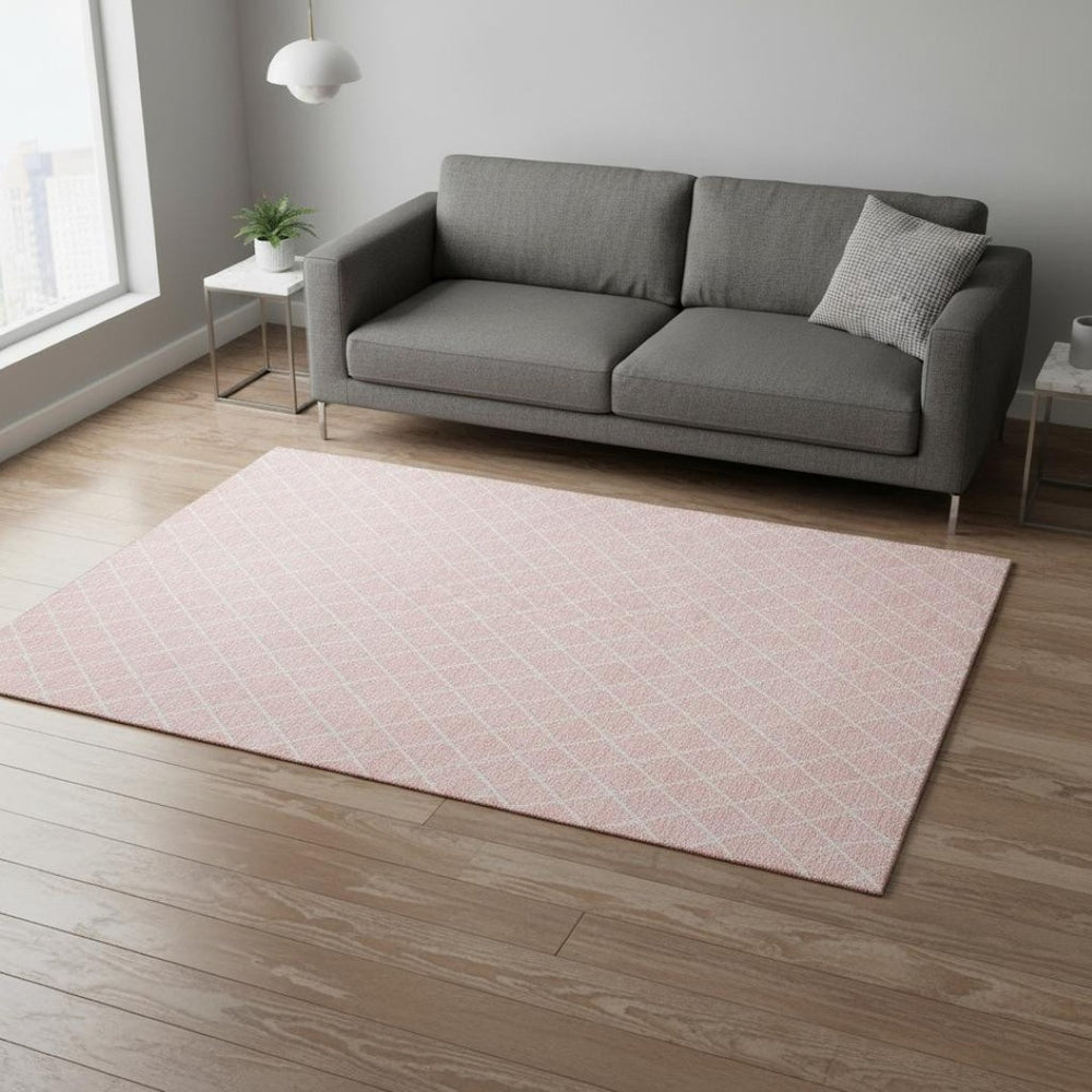 HomeRoots 5' Pink & Ivory Geometric Washable Area Rug - Durable, Stain-Resistant, UV Protected for Homes 674115