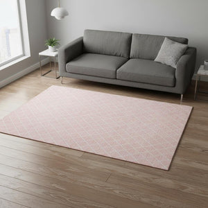 HomeRoots 5' Pink & Ivory Geometric Washable Area Rug - Durable, Stain-Resistant, UV Protected for Homes 674115