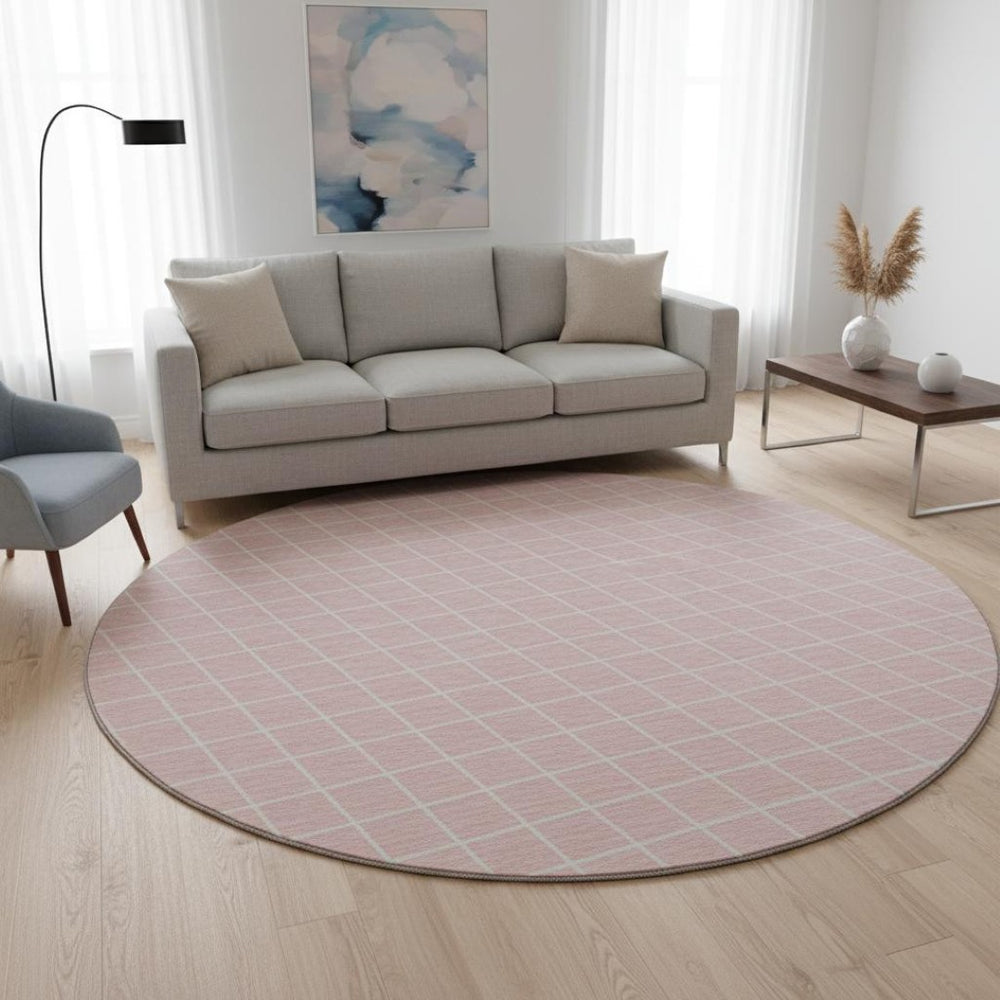 HomeRoots 8' Pink And Ivory Geometric Washable Round Rug – Stylish, Durable, Stain-Resistant with UV Protection 674116