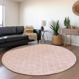 HomeRoots 8' Pink And Ivory Geometric Washable Round Rug – Stylish, Durable, Stain-Resistant with UV Protection 674116