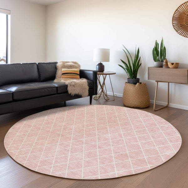HomeRoots 8' Pink And Ivory Geometric Washable Round Rug – Stylish, Durable, Stain-Resistant with UV Protection 674116