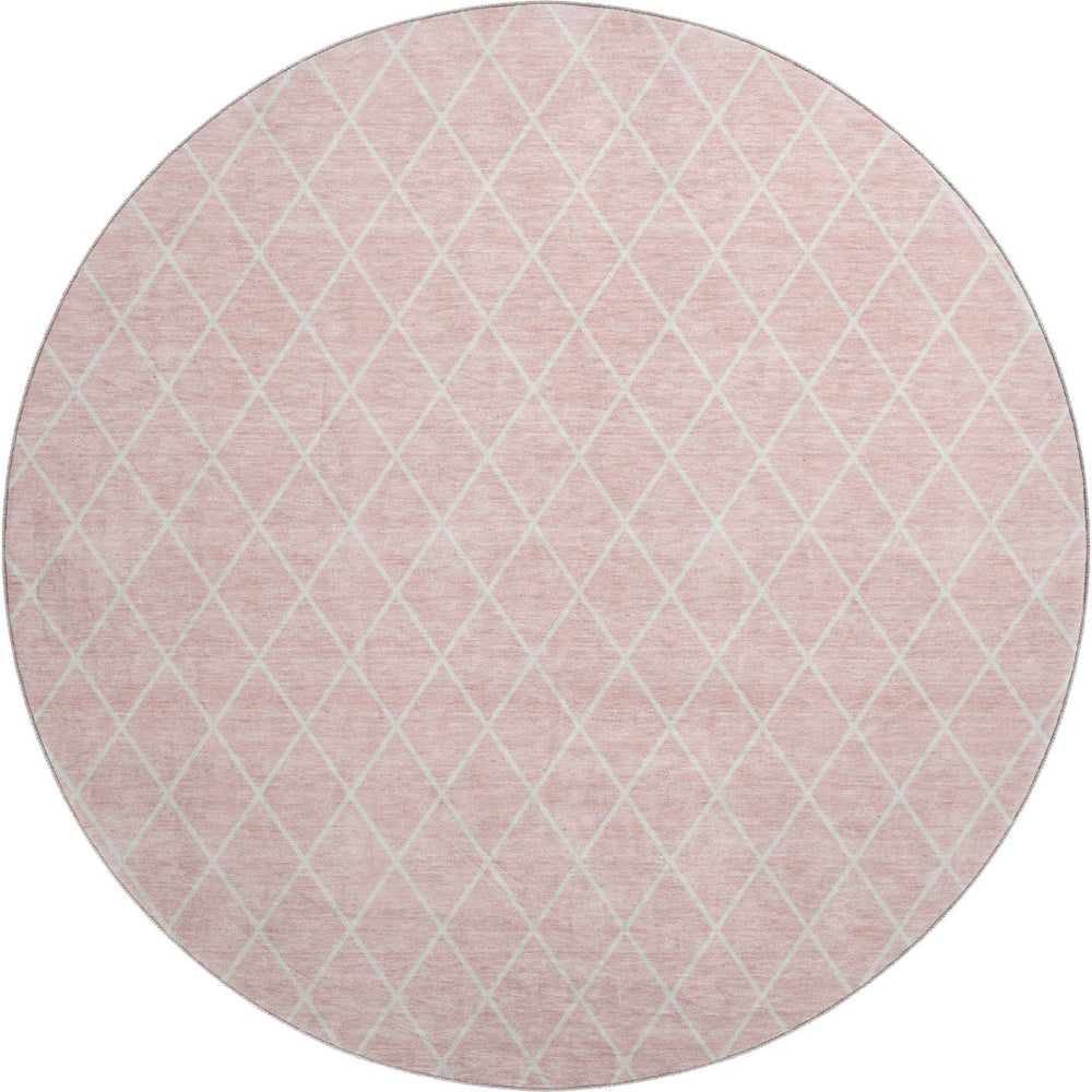 HomeRoots 8' Pink And Ivory Geometric Washable Round Rug – Stylish, Durable, Stain-Resistant with UV Protection 674116