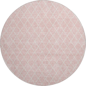 HomeRoots 8' Pink And Ivory Geometric Washable Round Rug – Stylish, Durable, Stain-Resistant with UV Protection 674116