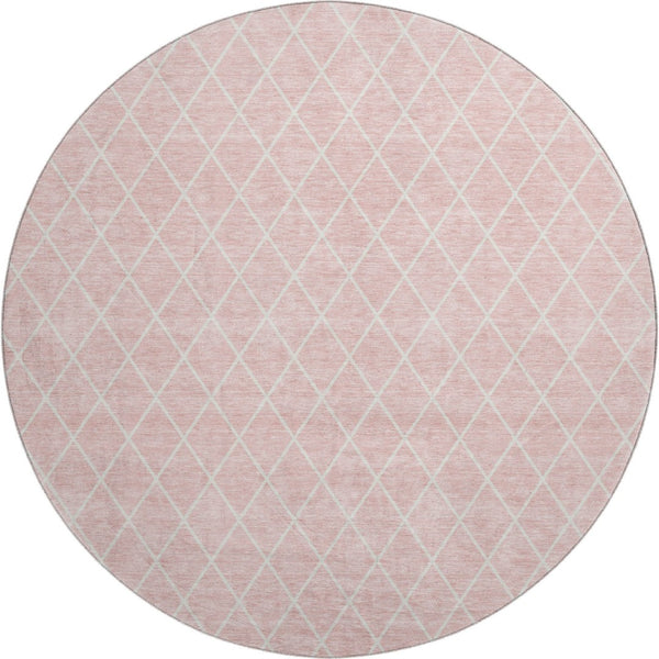 HomeRoots 8' Pink And Ivory Geometric Washable Round Rug – Stylish, Durable, Stain-Resistant with UV Protection 674116