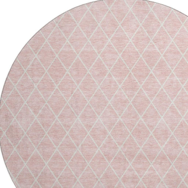 HomeRoots 8' Pink And Ivory Geometric Washable Round Rug – Stylish, Durable, Stain-Resistant with UV Protection 674116