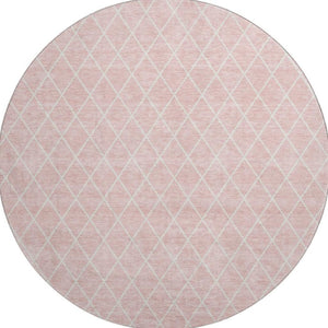 HomeRoots 8' Pink And Ivory Geometric Washable Round Rug – Stylish, Durable, Stain-Resistant with UV Protection 674116