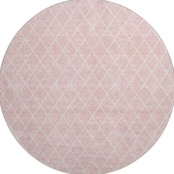 HomeRoots 8' Pink And Ivory Geometric Washable Round Rug – Stylish, Durable, Stain-Resistant with UV Protection 674116