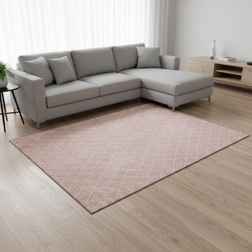 HomeRoots 9' X 12' Pink and Ivory Geometric Area Rug - Durable, Washable, UV Protected for Homes with Kids & Pets 674118