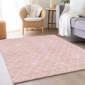 HomeRoots 9' X 12' Pink and Ivory Geometric Area Rug - Durable, Washable, UV Protected for Homes with Kids & Pets 674118