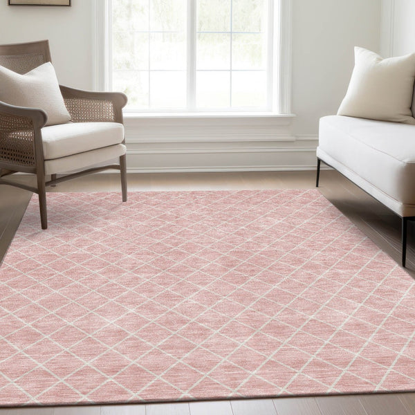 HomeRoots 10' X 14' Pink and Ivory Geometric Area Rug – Washable, UV-Protected, Stylish & Durable for Busy Homes 674119