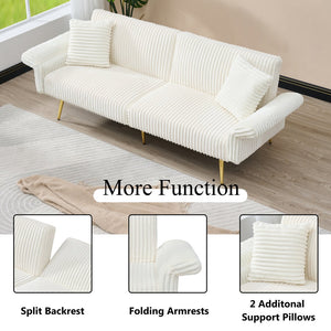 English Elm 79 Corduroy Sofa Bed Foldable Double Convertible Sleeper with Folding Armrests for Compact Living Rooms White W2290P250580