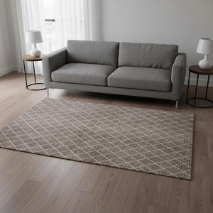 HomeRoots 5' X 8' Taupe and Ivory Geometric Washable Area Rug - Durable, UV-Protected, Modern Design for Any Space 674121