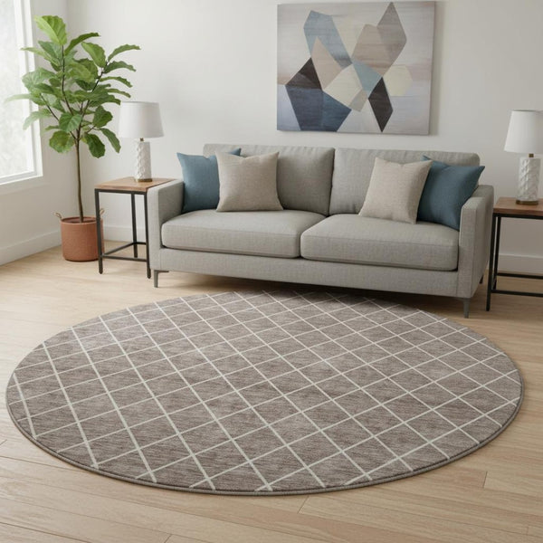 HomeRoots 8' Taupe and Ivory Geometric Round Rug - Washable, UV-Protected, Durable for High-Traffic Areas 674122