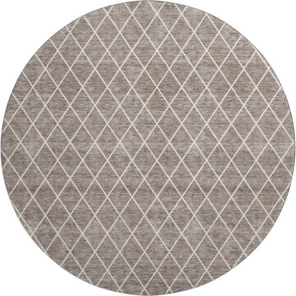 HomeRoots 8' Taupe and Ivory Geometric Round Rug - Washable, UV-Protected, Durable for High-Traffic Areas 674122