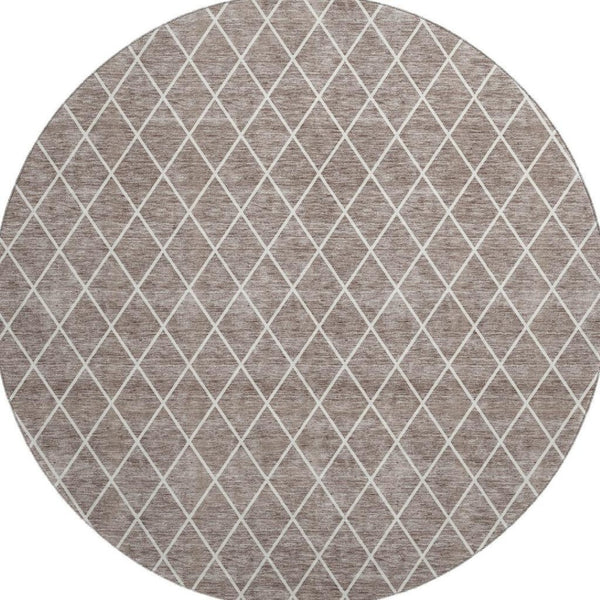HomeRoots 8' Taupe and Ivory Geometric Round Rug - Washable, UV-Protected, Durable for High-Traffic Areas 674122