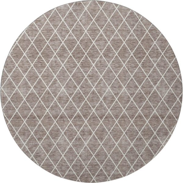 HomeRoots 8' Taupe and Ivory Geometric Round Rug - Washable, UV-Protected, Durable for High-Traffic Areas 674122