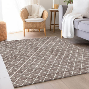 HomeRoots 9' X 12' Taupe & Ivory Geometric Washable Area Rug - Durable, UV-Protected & Stylish for Any Room 674124