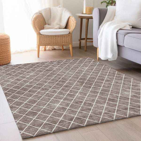 HomeRoots 9' X 12' Taupe & Ivory Geometric Washable Area Rug - Durable, UV-Protected & Stylish for Any Room 674124