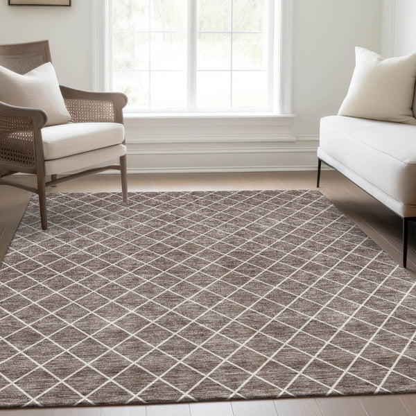 HomeRoots 9' X 12' Taupe & Ivory Geometric Washable Area Rug - Durable, UV-Protected & Stylish for Any Room 674124