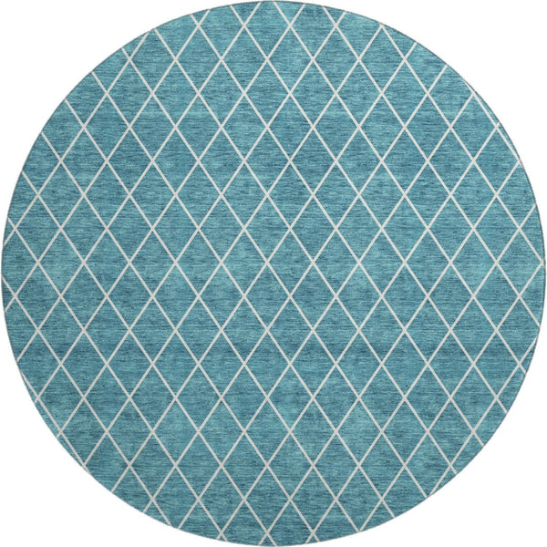 HomeRoots 8' Teal And Ivory Geometric Round Rug – Stylish, Washable, UV-Protected for High-Traffic Spaces! 674128