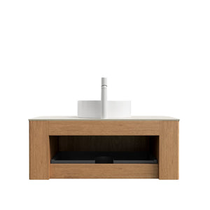 English Elm Dina Floating Bathroom Vanity Sintered Stone Top Glass Basin Striped Plywood Cabinet W2615S00341