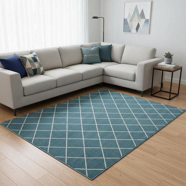 HomeRoots 8' X 10' Contemporary Teal And Ivory Geometric Area Rug - Durable, Washable & UV Protected Design 674129