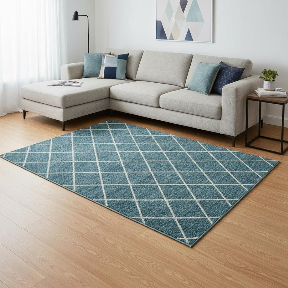 HomeRoots 9' X 12' Teal and Ivory Geometric Washable Area Rug – Stylish, Durable, UV-Protected for Families 674130