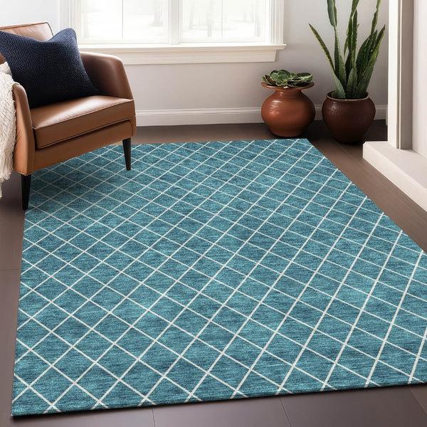 HomeRoots 9' X 12' Teal and Ivory Geometric Washable Area Rug – Stylish, Durable, UV-Protected for Families 674130
