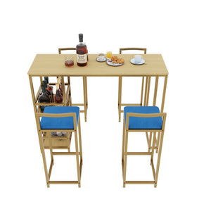 English Elm Bar Table and Four Cushioned Chairs Gold Iron Frame with Built-in Shelf Coastal Style W3064P245382