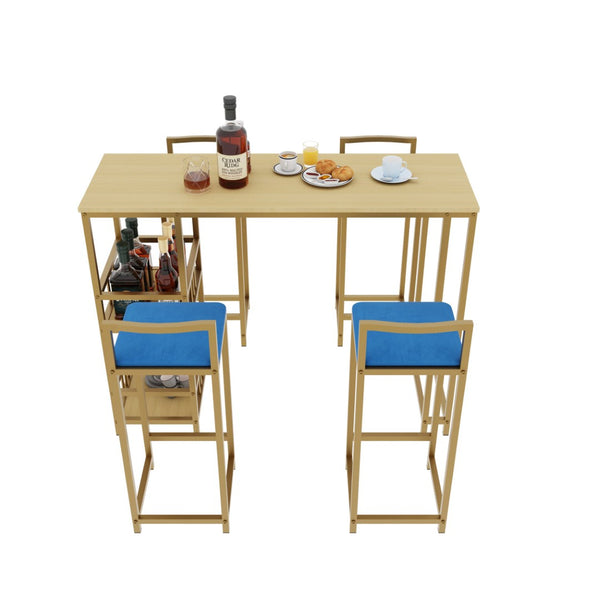 English Elm Bar Table and Four Cushioned Chairs Gold Iron Frame with Built-in Shelf Coastal Style W3064P245382