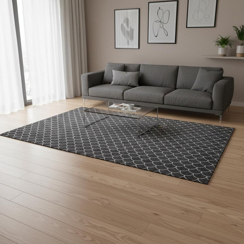 HomeRoots 5' X 8' Black And Ivory Geometric Area Rug – Washable, UV-Protected, Perfect for High-Traffic Spaces! 674145